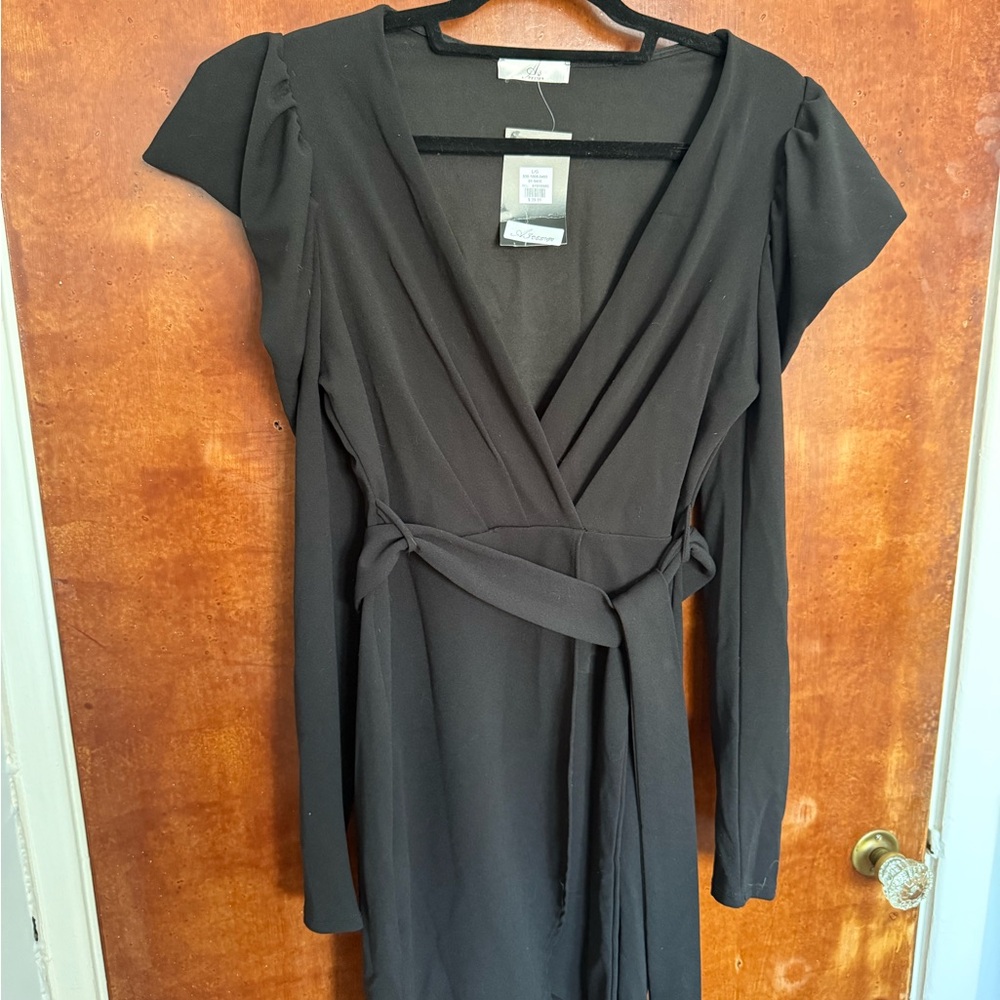 A3 Design Black Sheath Wrap Dress with Flutter Sleeves